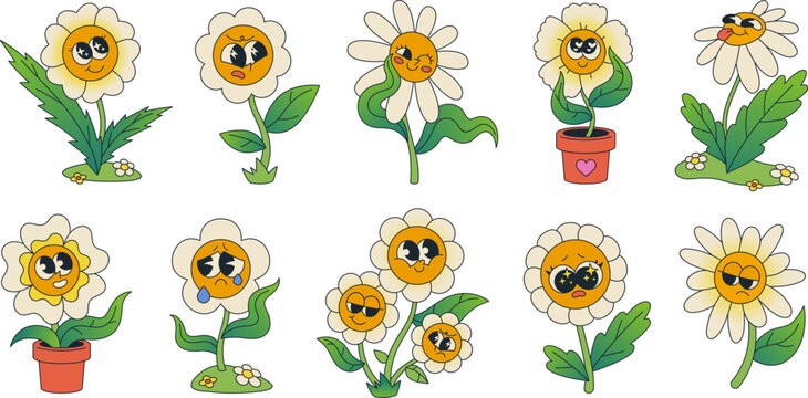 Retro cartoon flowers in pots, groovy daisy character with smiling face. Funky hippie flowers with different emotions, summer daisies mascot characters smiling, cute flowering plants vector set