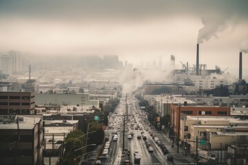Fototapeta premium smoggy cityscape with towering smokestacks and heavy traffic, created with generative ai