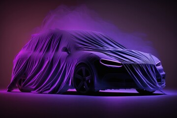 Car covered with cloth, 3d render, illuminated by neon light