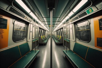Fototapeta premium Empty subway train with empty seats, toned image, vintage style