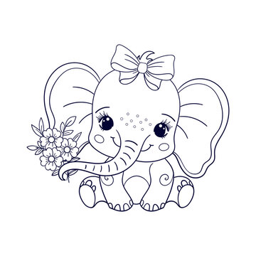 Little baby elephant with a bow and a bouquet of flowers. Black and white linear drawing. For children's design of coloring books, prints, posters, stickers, cards, puzzles, cards and so on. Vector