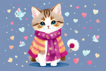 An adorable cute cat character warmed up in winter clothes standing in nice hat and scarf ready to celebrate christmas created with generative ai