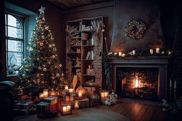 Interior Christmas with a magic glowing tree, fireplace, and gifts. Generative AI.
