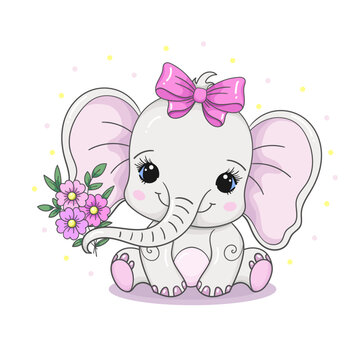 Cute little baby elephant with a bow and a bouquet of flowers. Children's theme. For the design of prints, posters, cards, puzzles, cards, badges, stickers, etc. Vector illustration