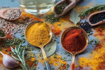 A set of fragrant spices. Turmeric, paprika, dried parsley, dill, rosemary, cumin, garlic, bay leaf and a bottle of oil on a gray background. Free space.