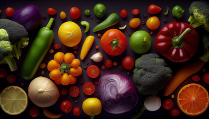 Various vegetables top view background. Al generated