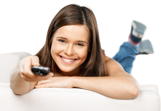 Happy smiling woman with tv remote control