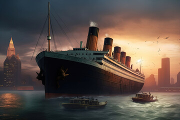 Fototapeta na wymiar Titanic Floating on Water in New York - Fantastic Realism 