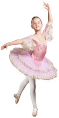 Little ballerina girl in a pink tutu. Adorable child dancing classical ballet