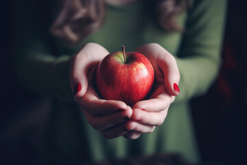 Woman holds apple in hand.