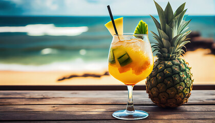 Summer cocktail with blur beach on background. Al generated - obrazy, fototapety, plakaty