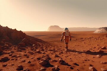 person, making first steps on red planet, with view of distant horizon in the background, created with generative ai