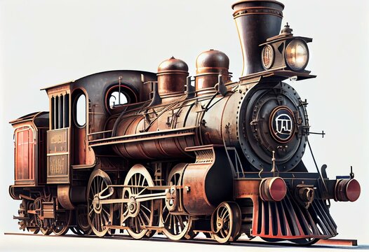 Vintage steam old train locomotive 3d rendering on a white background. Generative AI