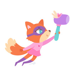 Cute fox superhero, brave female animal character with hero mask and pink dress flying