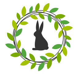 Easter bunny in circle green leaf wreath. Spring plant design element.