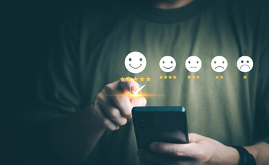 Customer services best excellent business rating experience. Satisfaction survey concept. user gives ratings to service experience on the online application, online marketing, and business processes.
