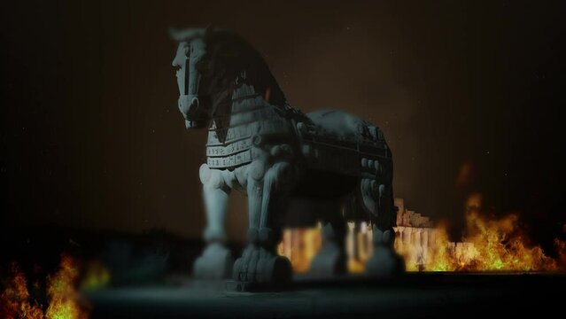The Greek Trojan Horse inside of Burning Troy