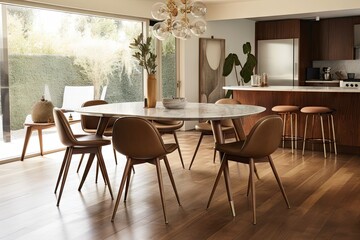 mid-century dining table with mix of metal and wood legs, surrounded by chairs, created with generative ai