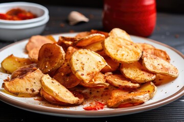plate of crispy, salty potatoes chips with spicy seasoning, created with generative ai - obrazy, fototapety, plakaty
