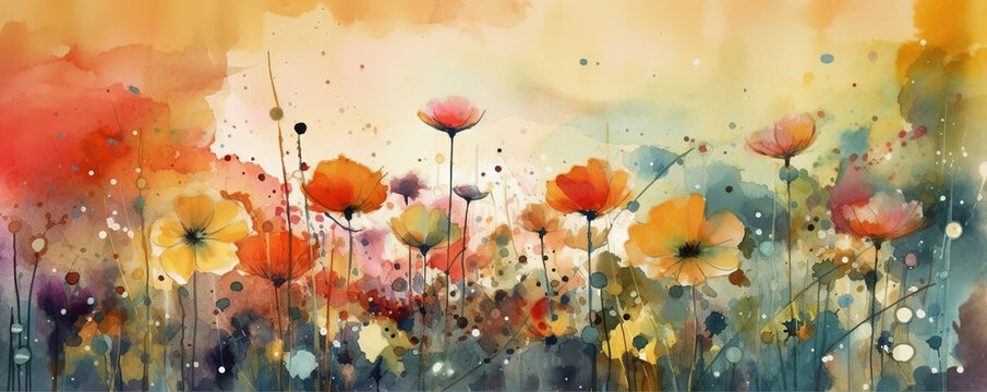 Abstract colorful flower meadow on watercolor paper background. Floral Banner concept. Generative AI.