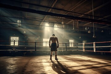 Back view of boxer training on the ring in a old gym. Generative AI