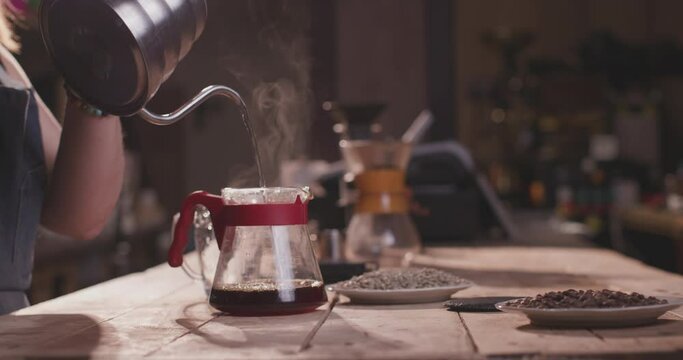 Professional barista preparing coffee. Young woman making coffee. Coffee shop concept.