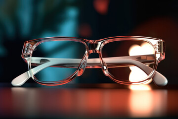 Paire de lunettes monture plastique cristal transparente homme et femme, posée sur une surface réfléchissante - obrazy, fototapety, plakaty