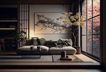 An elegant modern living-room with sofa in a Japanese style - generative AI