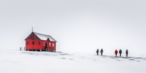 Fototapeta Paysage nordique enneigé minimaliste avec maison colorée typique de l'Islande, Suède, Norvège, Finlande obraz
