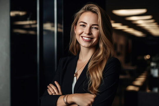 Portrait de femme d'affaire blonde cheveux long, souriante,  bras crois&eacute;s dans un bureau - IA g&eacute;n&eacute;rative