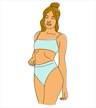 Woman in blue bikini cartoon vector illustration. Vector fashion sketch of a posing golden-haired model in blue lingerie.