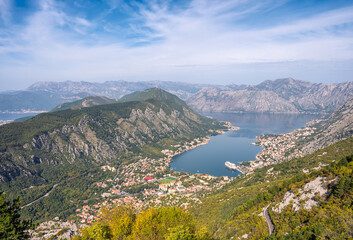 Fototapeta na wymiar A panoramic view of the famous Bay of Kotor, Montenegro from high up, nestled between picturesque rocky slopes