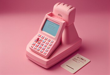 Pink POS terminal for payment with check paper receipts on a pink background Different from others. 3D shapes, isometric illustrations. Generative AI