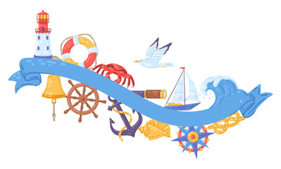 Background with nautical symbols and items. Marine cute illustration.