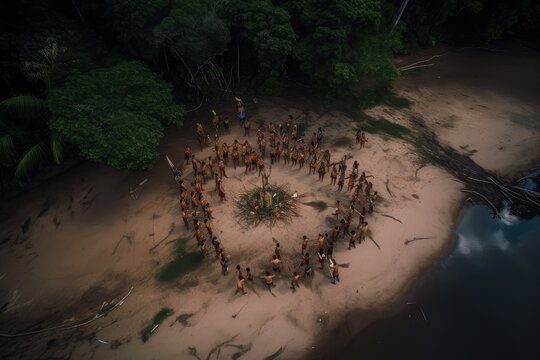 aerial shot of a tribe, performing a traditional dance on the banks of the amazonas, created with generative ai