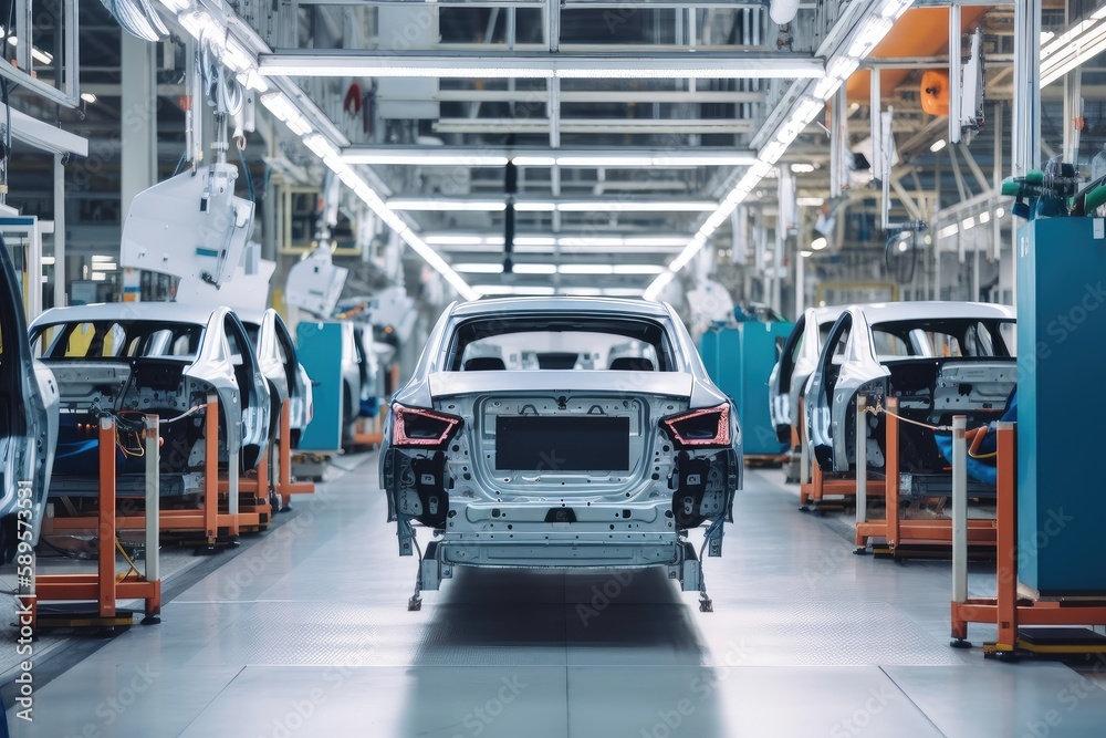 Wall mural automotive factory, with cars being manufactured and tested on the assembly line, created with gener