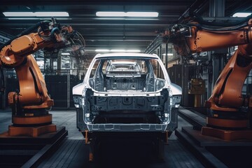 robot, welding part on car chassis, in automotive factory, created with generative ai