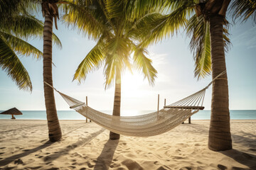 Beach vacation with sun and hammock, AI Generative
