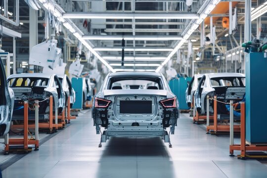 automotive factory, with cars being manufactured and tested on the assembly line, created with generative ai