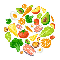 Illustration of healthy eating and diet meal. Fruits, vegetables and proteins for proper nutrition.