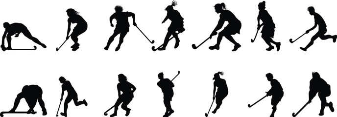 set of silhouettes of Hockey player 