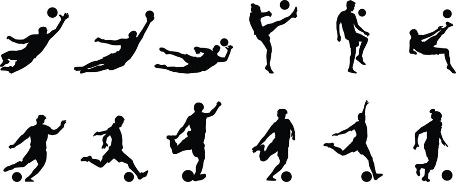 set of silhouettes of football player