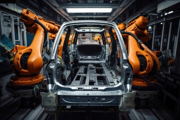 Fototapeta premium robot arm guiding human worker in the assembly of a car, created with generative ai