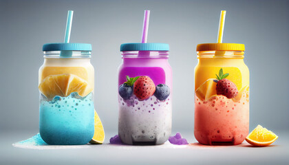 Set of colorful smoothies on bright background. Al generated
