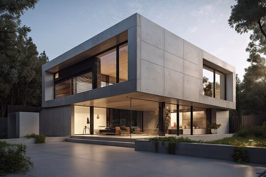 modern home with minimalist aesthetic, featuring sleek concrete wall and glass windows, created with generative ai