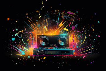 Abstract vector poster with colorful dj console, big speakers, fireworks, light bulbs, glitter, people dance, equalizer bars in background. Concept dance party. Generative AI