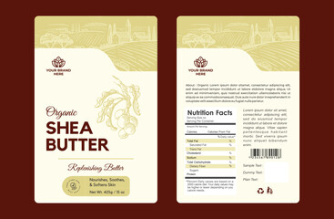 Shea butter label design, Hand drawn design for Shea butter organic products front back label packaging skin care products. Healthy and natural
Skin shea labels.