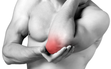 Strong man with cubit  pain on white