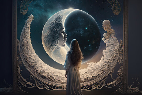 Woman looking to the Waxing or Waning Moon - AI Generated