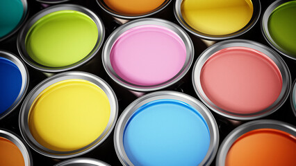 Multi colored paint cans background. 3D illustration